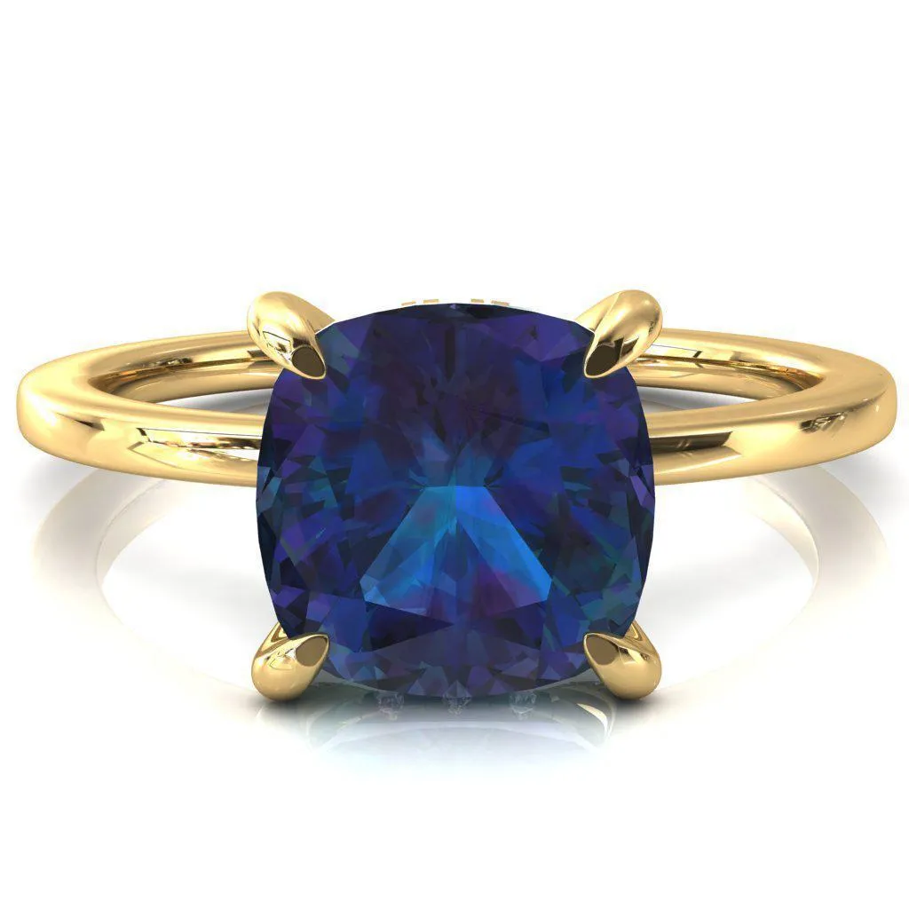 Rosy Cushion Alexandrite 4 Claw Prong Single Rail Micropave Engagement Ring