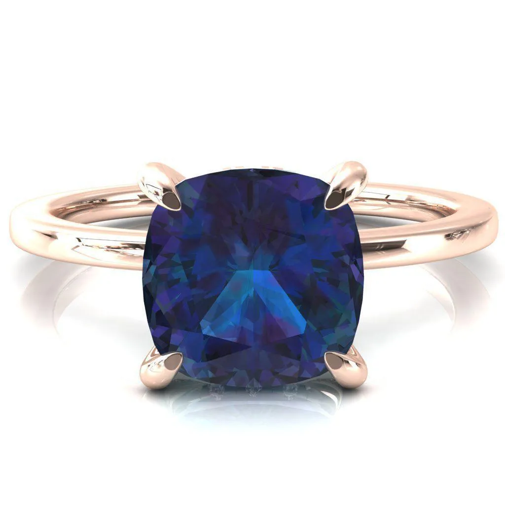 Rosy Cushion Alexandrite 4 Claw Prong Single Rail Micropave Engagement Ring