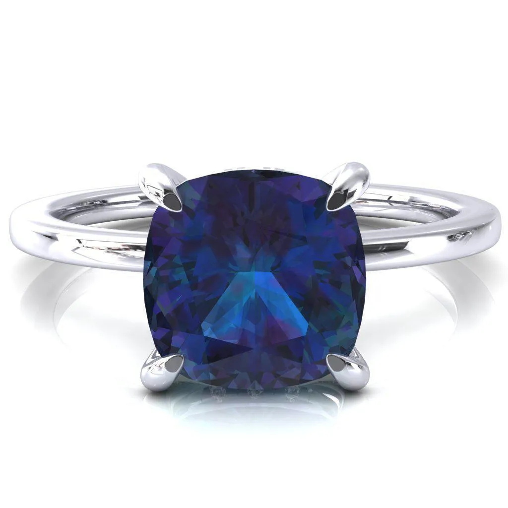 Rosy Cushion Alexandrite 4 Claw Prong Single Rail Micropave Engagement Ring