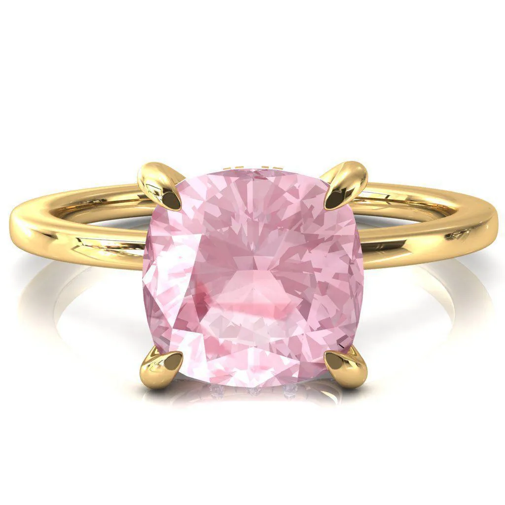 Rosy Cushion Pink Sapphire 4 Claw Prong Single Rail Micropave Engagement Ring