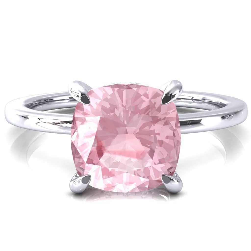 Rosy Cushion Pink Sapphire 4 Claw Prong Single Rail Micropave Engagement Ring