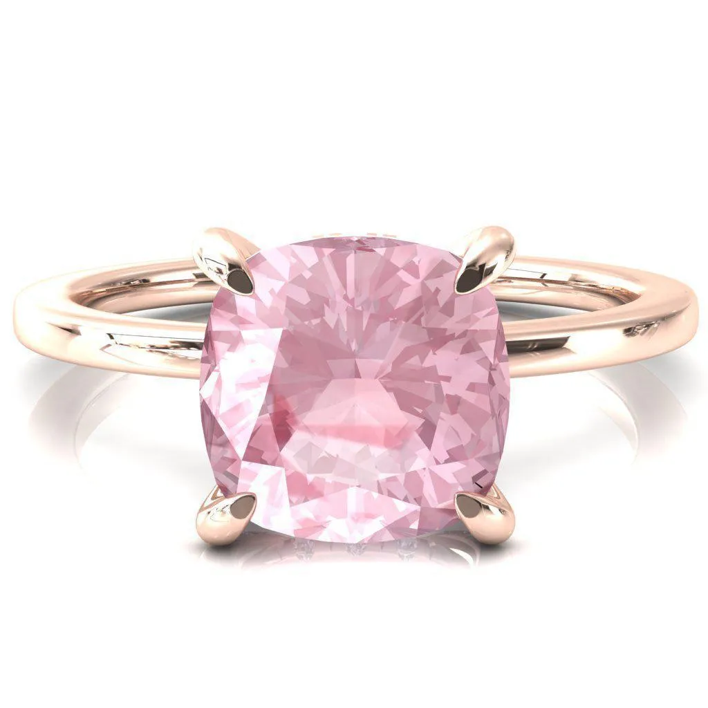 Rosy Cushion Pink Sapphire 4 Claw Prong Single Rail Micropave Engagement Ring