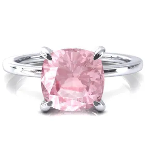 Rosy Cushion Pink Sapphire 4 Claw Prong Single Rail Micropave Engagement Ring