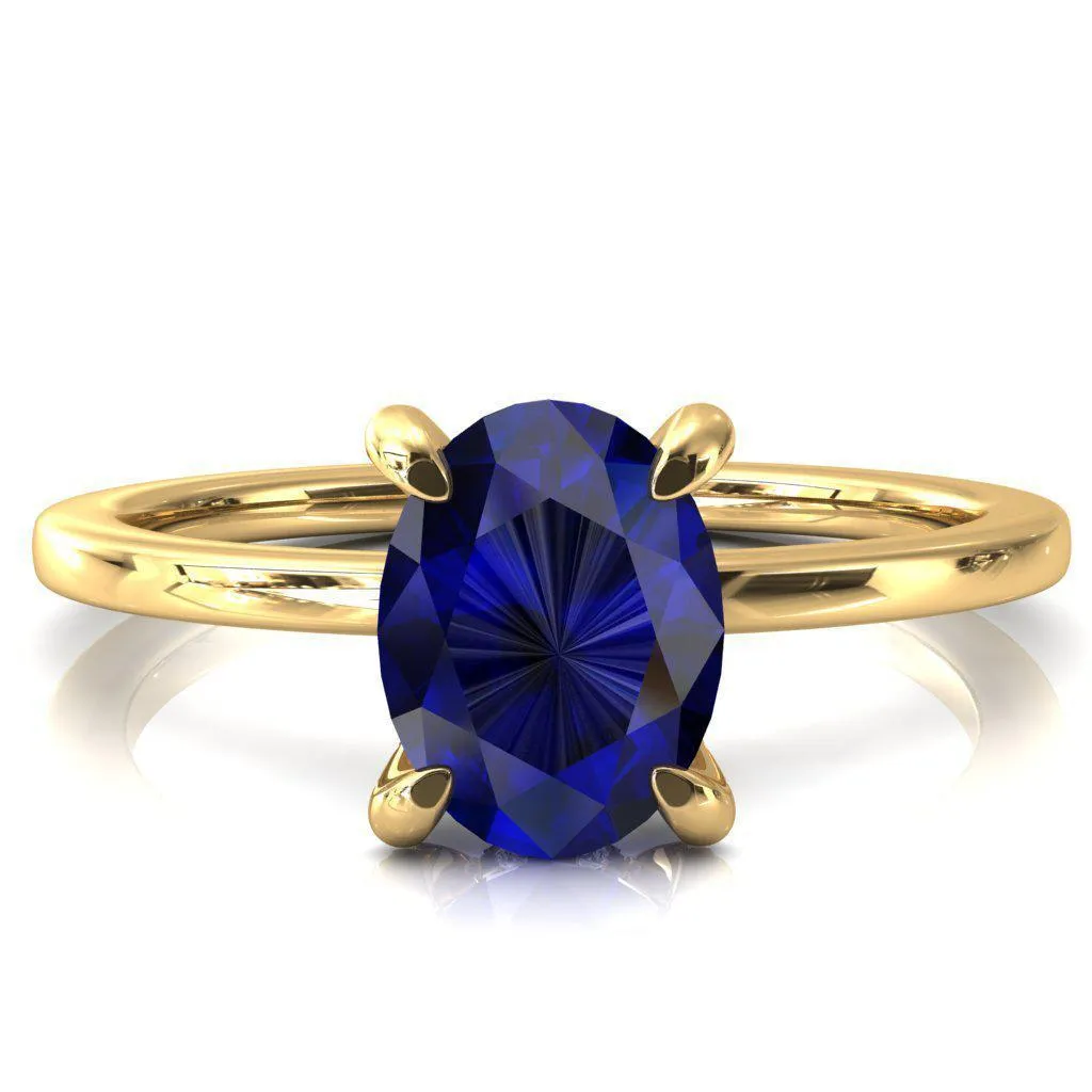 Rosy Oval Blue Sapphire 4 Claw Prong Single Rail Micropave Engagement Ring
