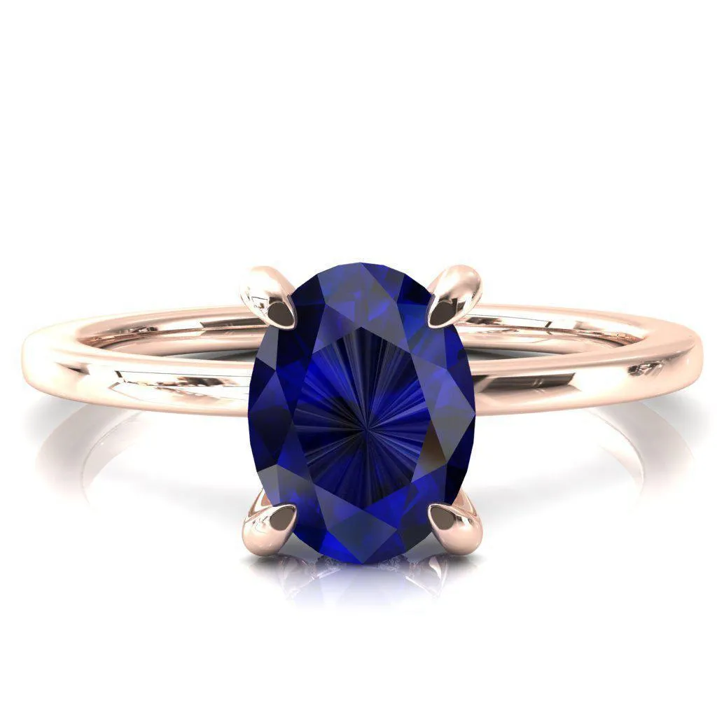 Rosy Oval Blue Sapphire 4 Claw Prong Single Rail Micropave Engagement Ring