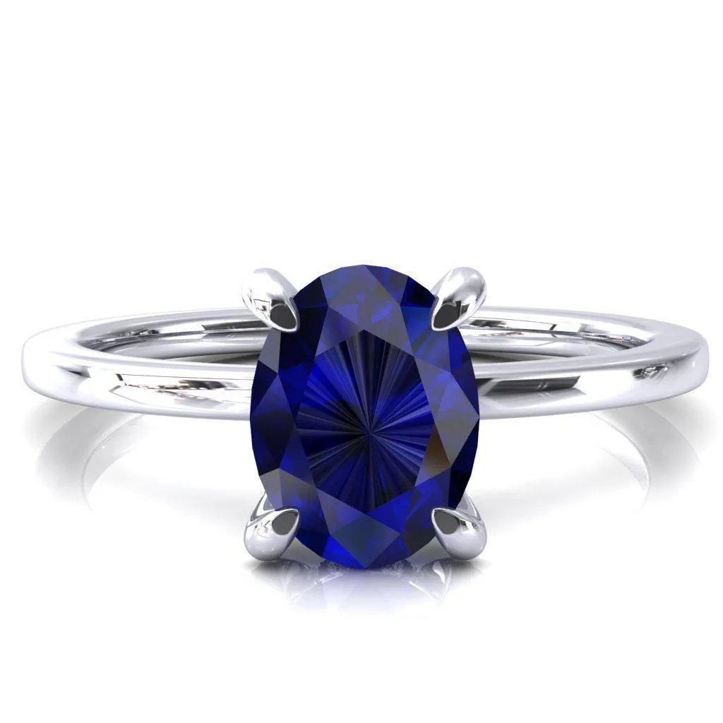 Rosy Oval Blue Sapphire 4 Claw Prong Single Rail Micropave Engagement Ring