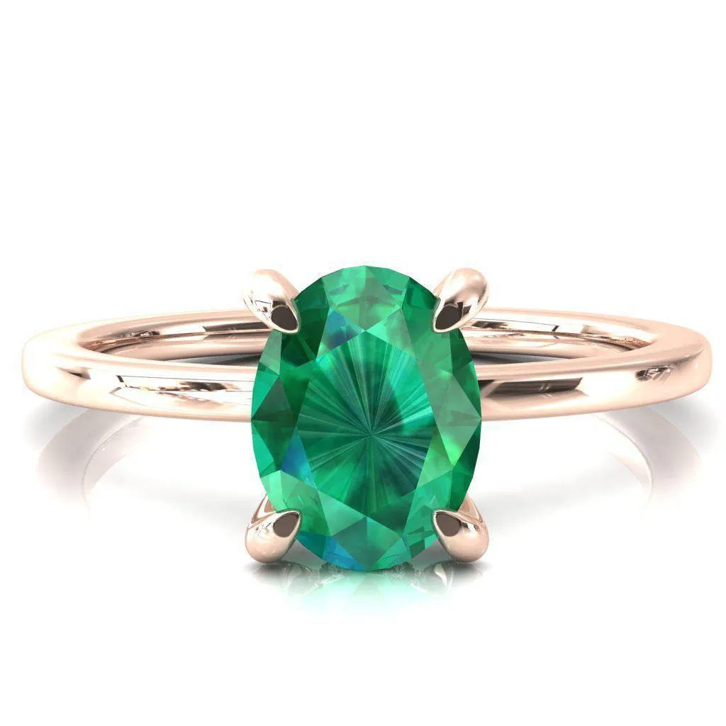 Rosy Oval Emerald 4 Claw Prong Single Rail Micropave Engagement Ring