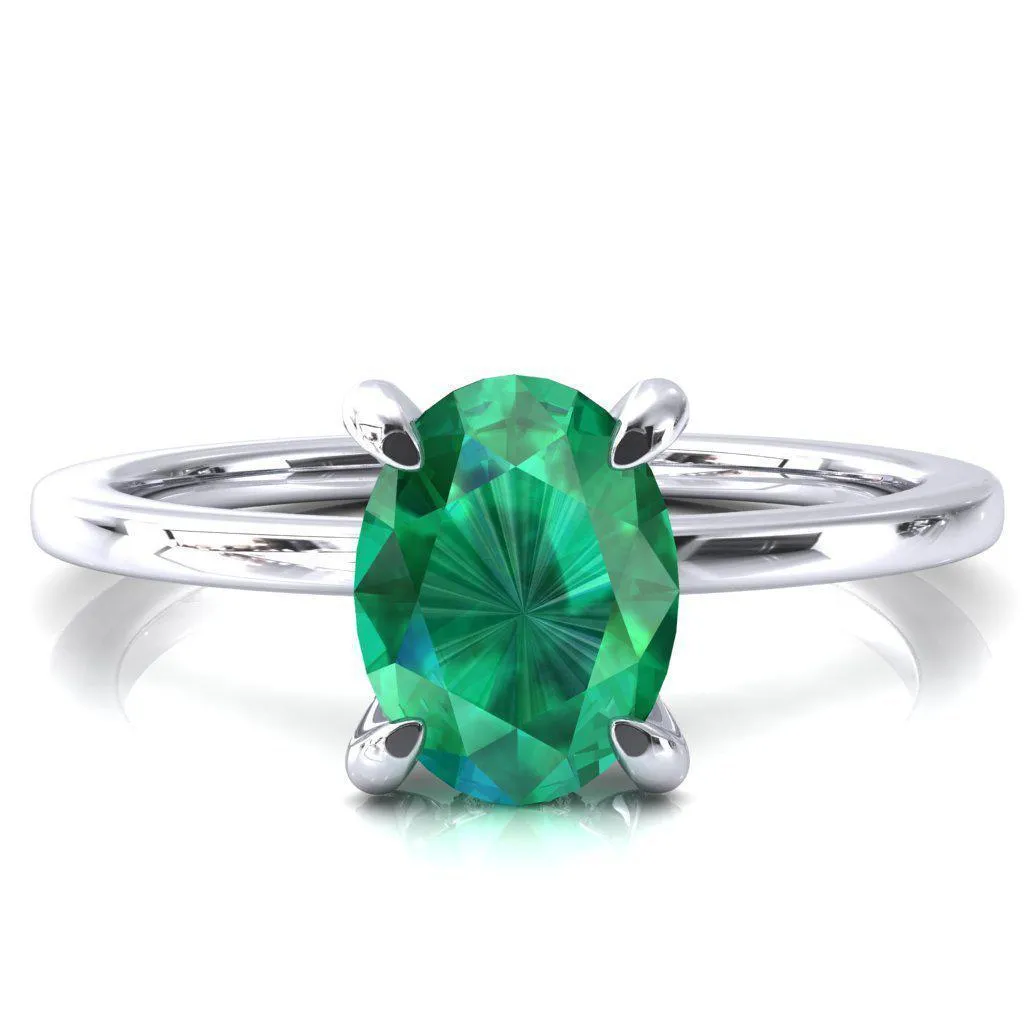 Rosy Oval Emerald 4 Claw Prong Single Rail Micropave Engagement Ring