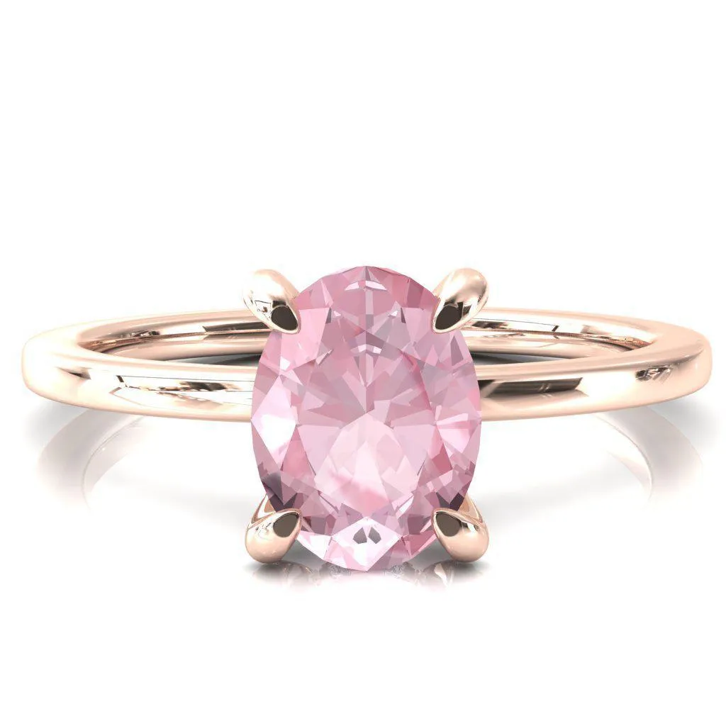 Rosy Oval Pink Sapphire 4 Claw Prong Single Rail Micropave Engagement Ring