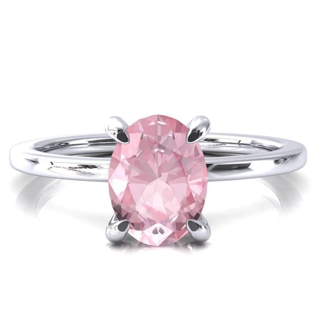 Rosy Oval Pink Sapphire 4 Claw Prong Single Rail Micropave Engagement Ring