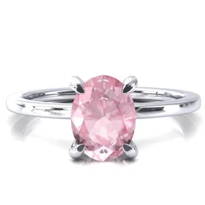 Rosy Oval Pink Sapphire 4 Claw Prong Single Rail Micropave Engagement Ring