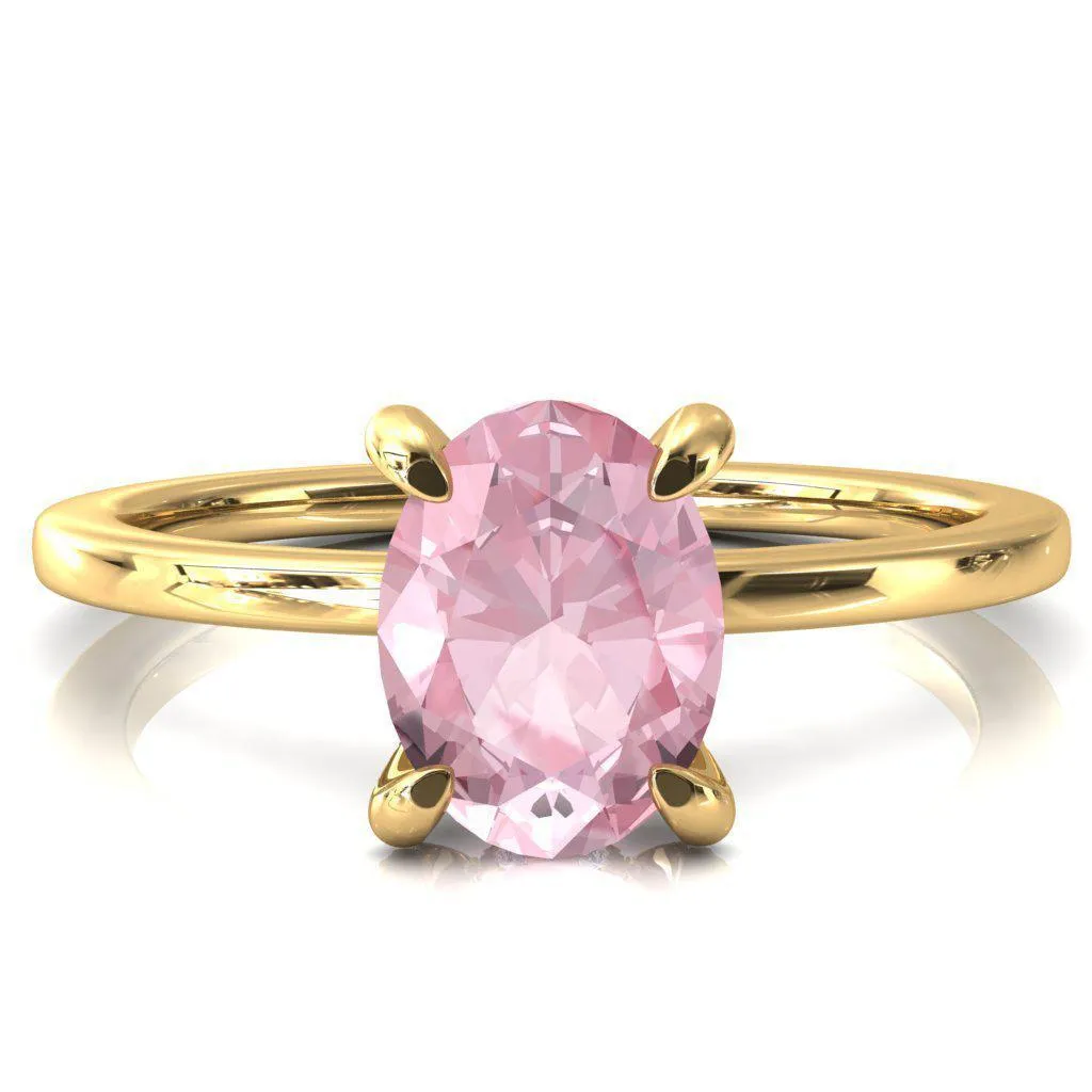 Rosy Oval Pink Sapphire 4 Claw Prong Single Rail Micropave Engagement Ring