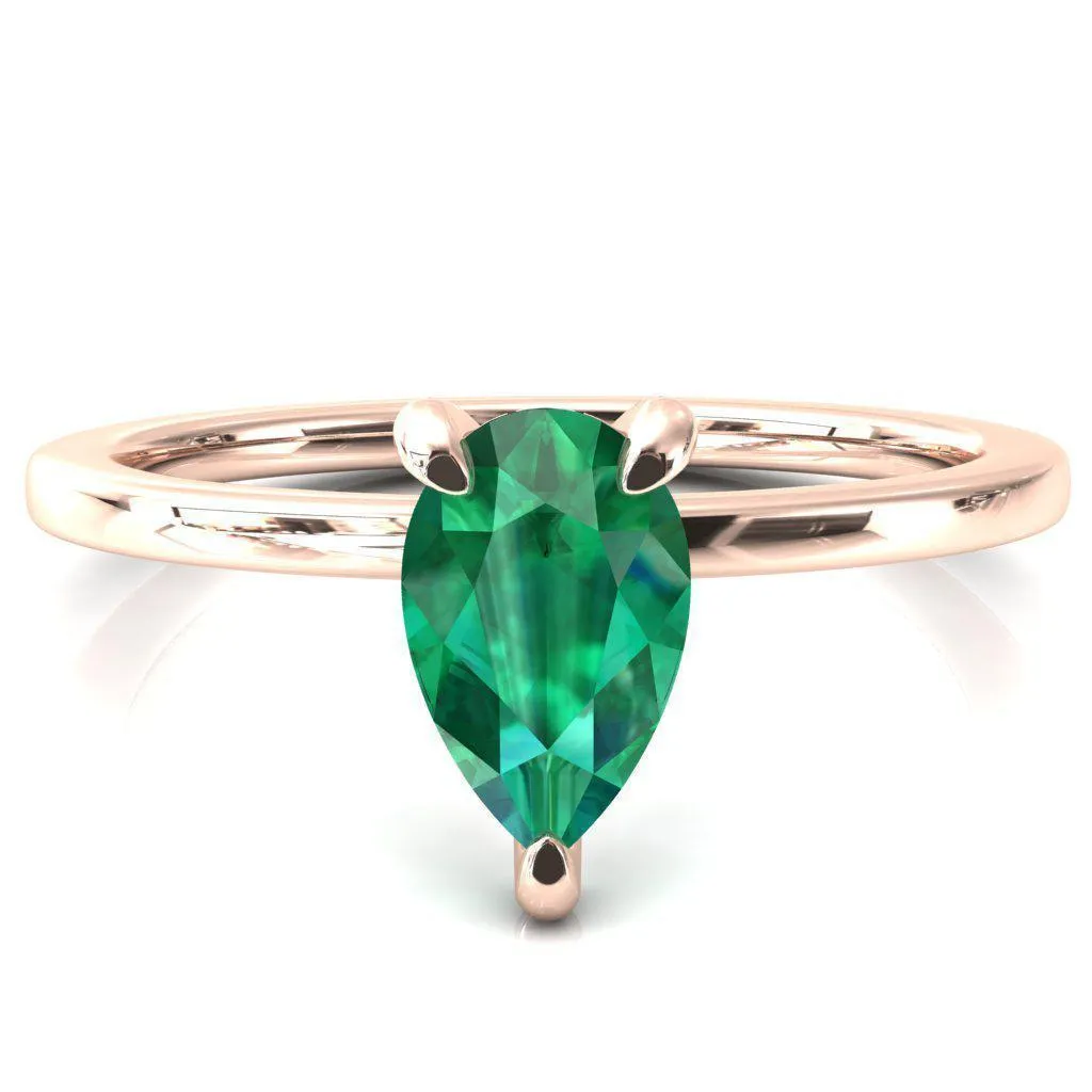Rosy Pear Emerald 3 Claw Prong Single Rail Micropave Engagement Ring