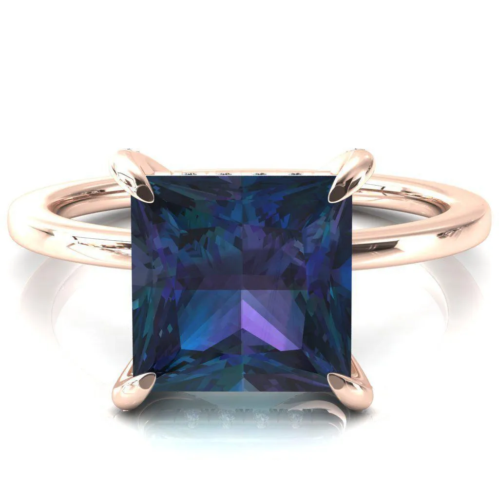 Rosy Princess Alexandrite 4 Claw Prong Single Rail Micropave Engagement Ring