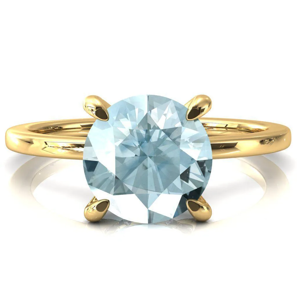 Rosy Round Aqua Blue Spinel 4 Claw Prong Single Rail Micropave Engagement Ring