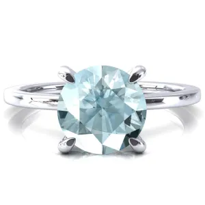 Rosy Round Aqua Blue Spinel 4 Claw Prong Single Rail Micropave Engagement Ring