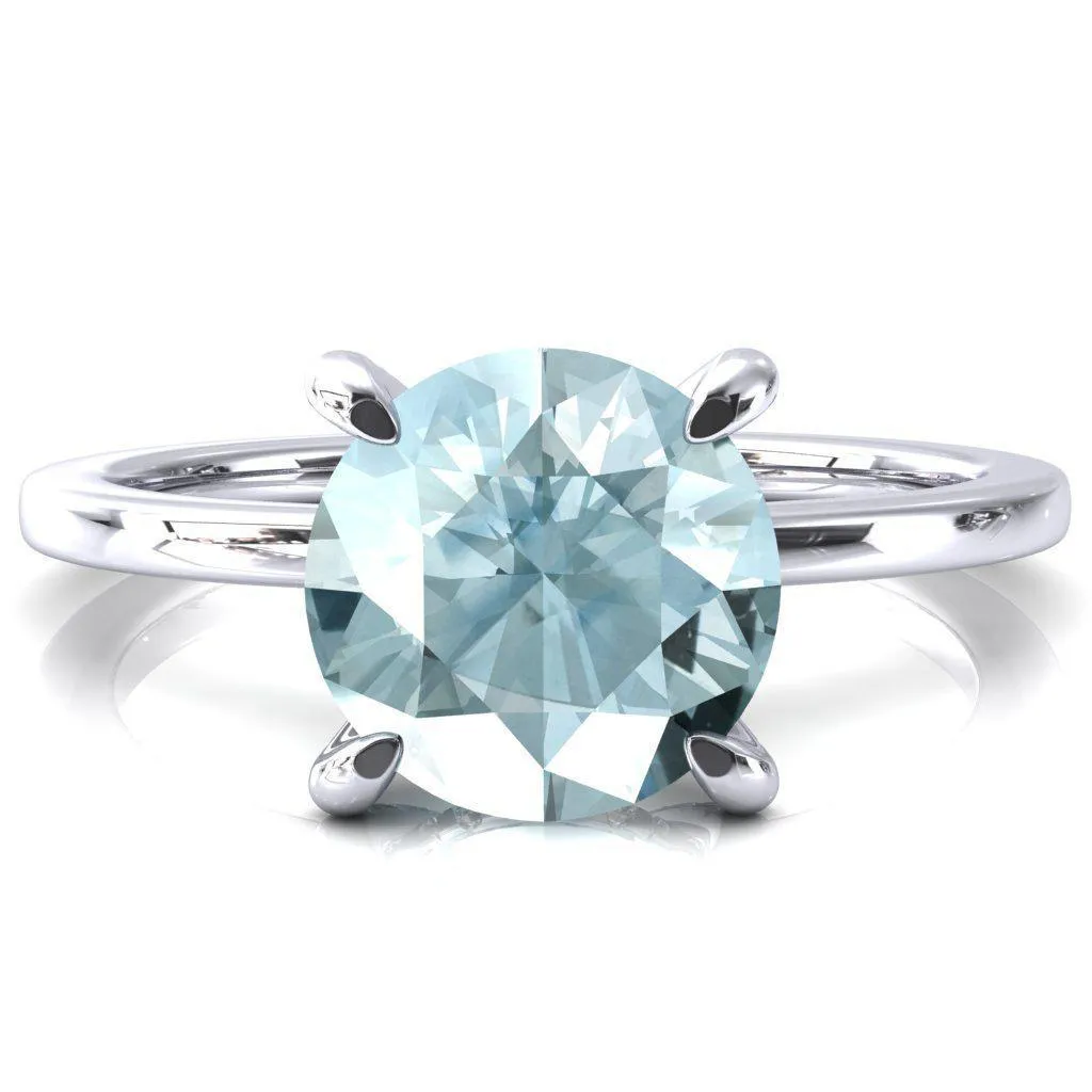 Rosy Round Aqua Blue Spinel 4 Claw Prong Single Rail Micropave Engagement Ring