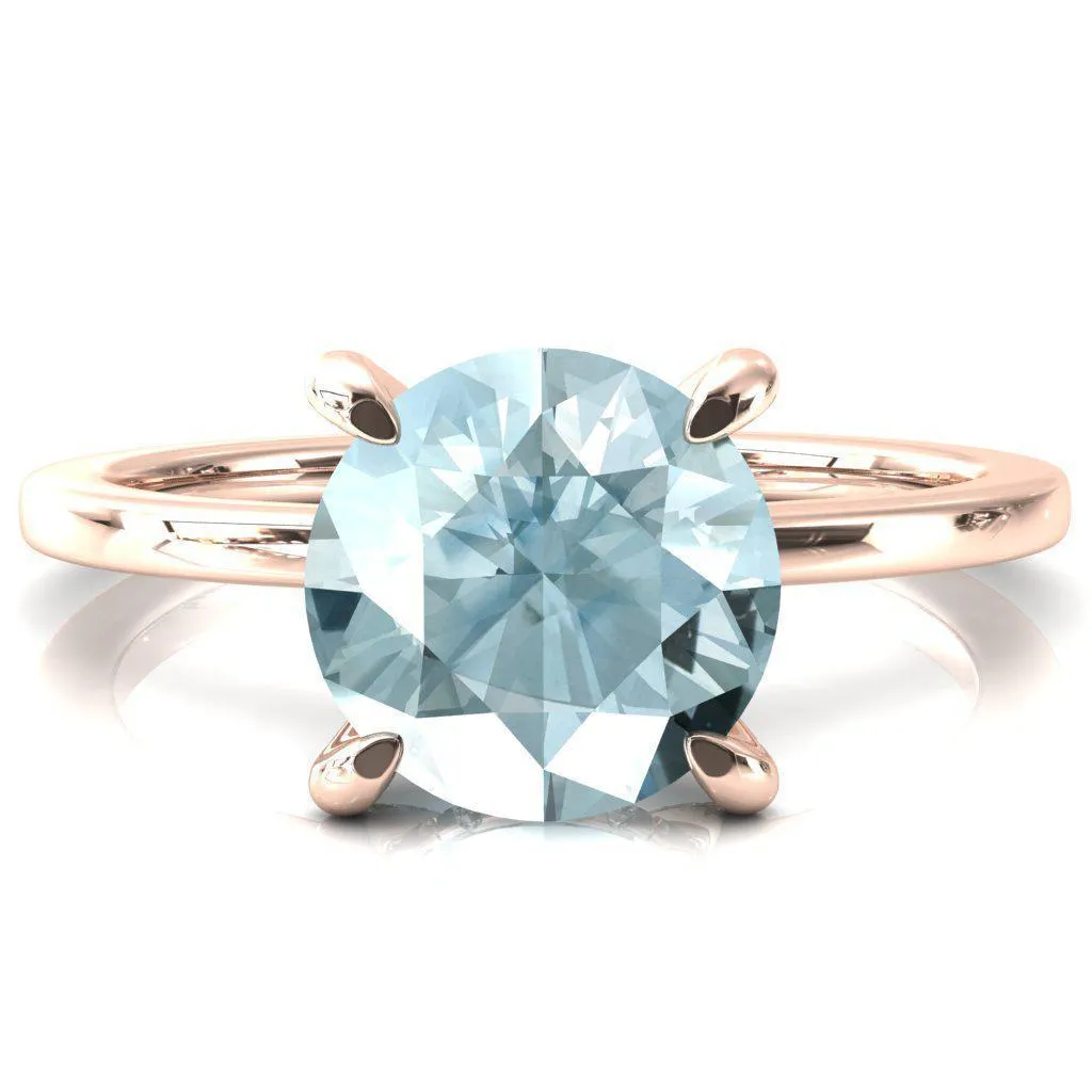 Rosy Round Aqua Blue Spinel 4 Claw Prong Single Rail Micropave Engagement Ring