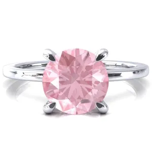 Rosy Round Pink Sapphire 4 Claw Prong Single Rail Micropave Engagement Ring