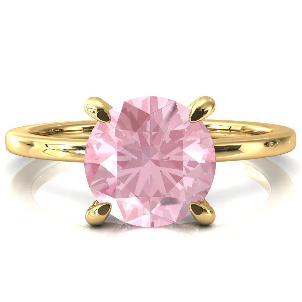 Rosy Round Pink Sapphire 4 Claw Prong Single Rail Micropave Engagement Ring
