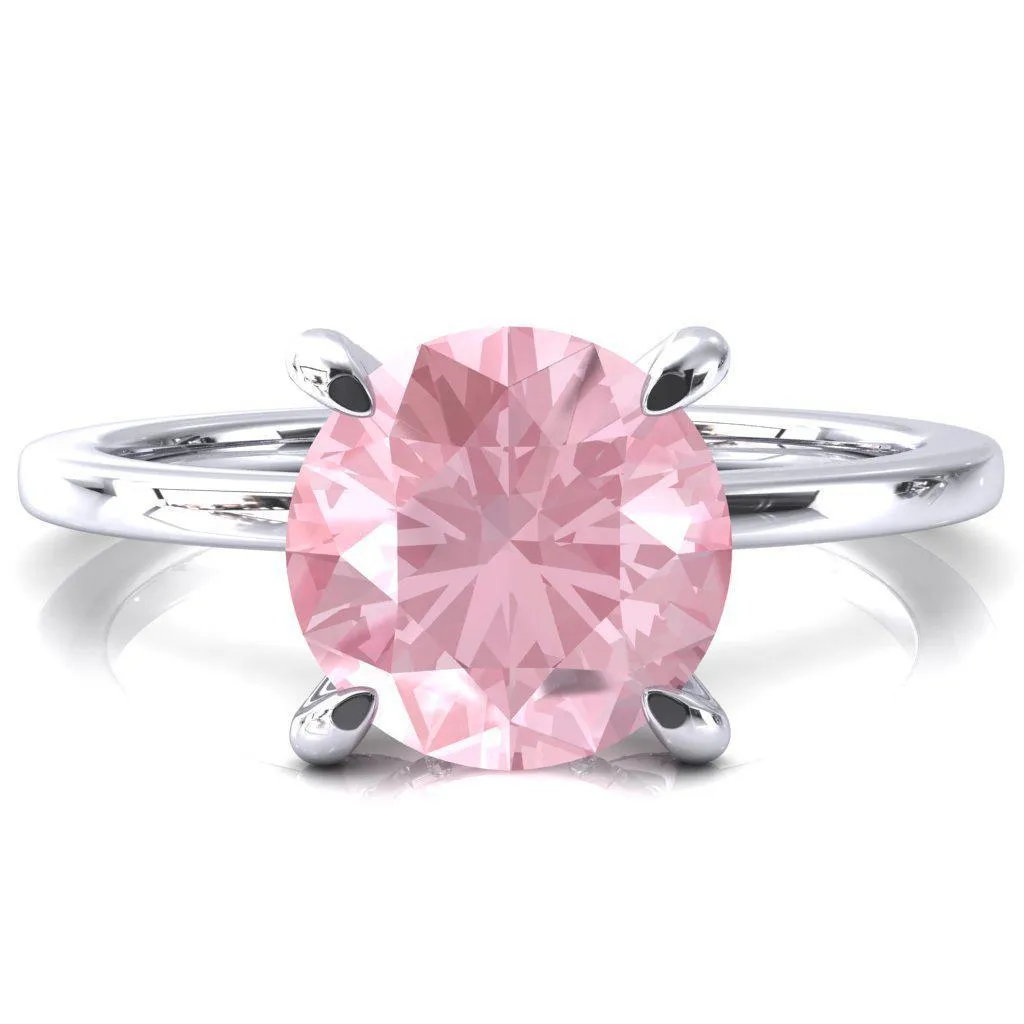 Rosy Round Pink Sapphire 4 Claw Prong Single Rail Micropave Engagement Ring