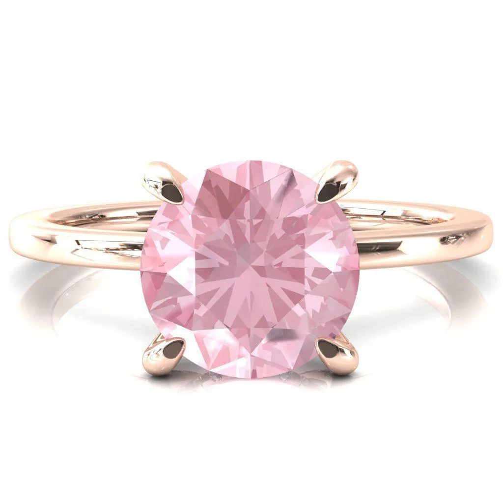 Rosy Round Pink Sapphire 4 Claw Prong Single Rail Micropave Engagement Ring