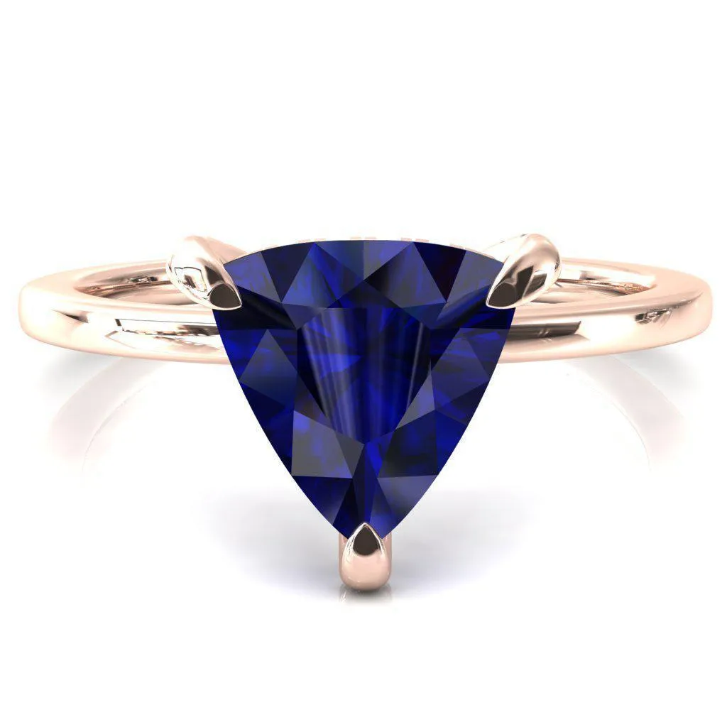 Rosy Trillion Blue Sapphire 3 Claw Prong Single Rail Micropave Engagement Ring