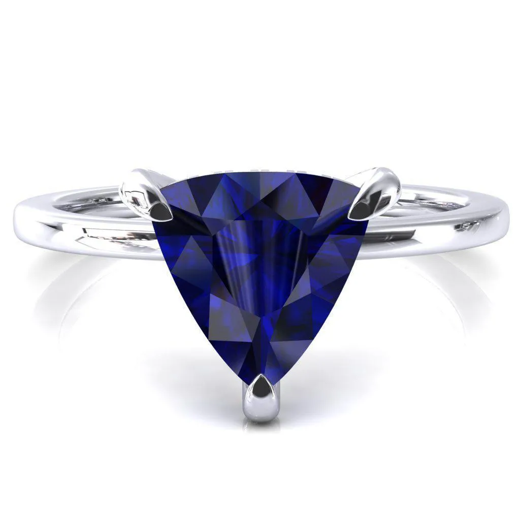 Rosy Trillion Blue Sapphire 3 Claw Prong Single Rail Micropave Engagement Ring