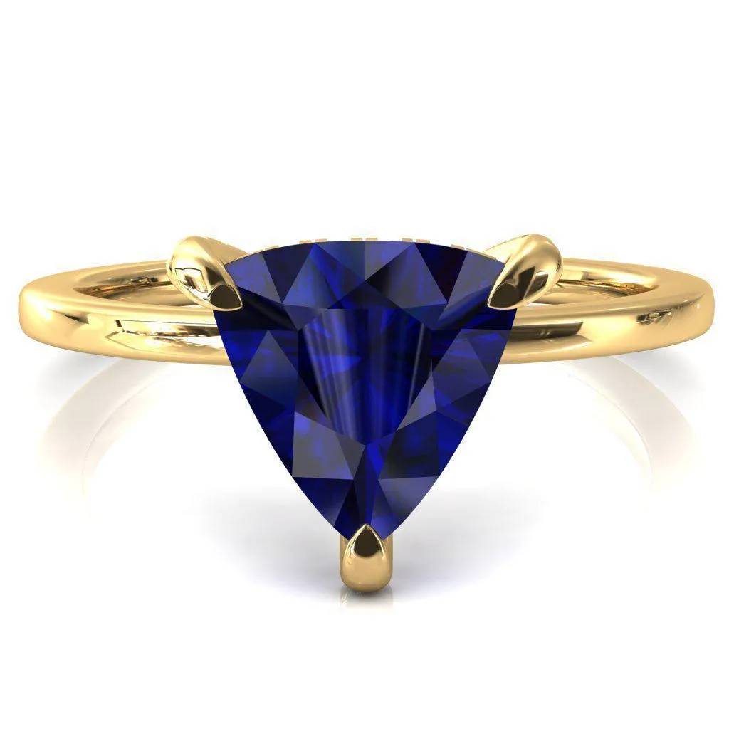 Rosy Trillion Blue Sapphire 3 Claw Prong Single Rail Micropave Engagement Ring