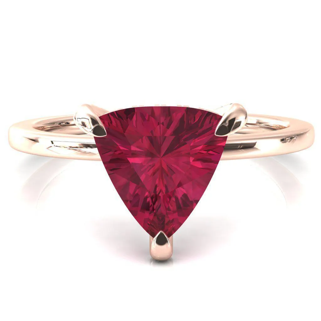 Rosy Trillion Ruby 3 Claw Prong Single Rail Micropave Engagement Ring
