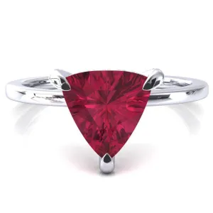 Rosy Trillion Ruby 3 Claw Prong Single Rail Micropave Engagement Ring