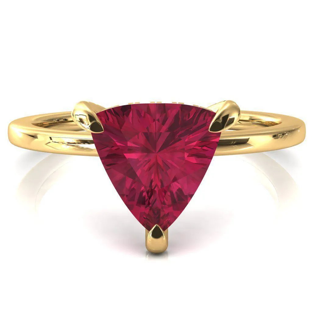 Rosy Trillion Ruby 3 Claw Prong Single Rail Micropave Engagement Ring
