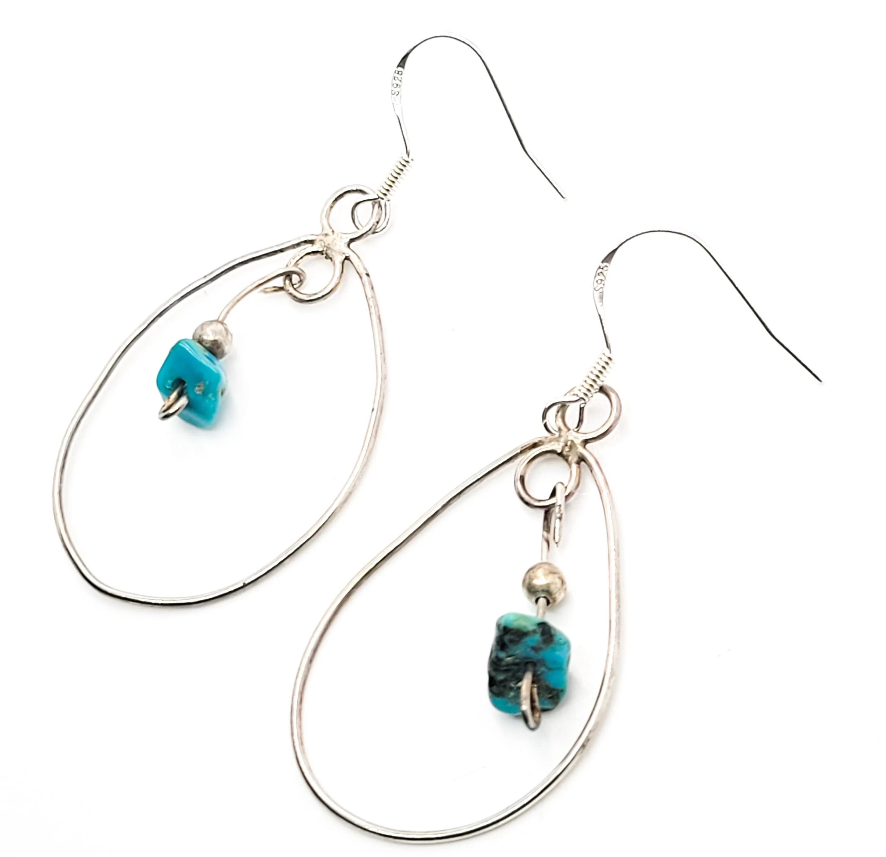 Rough turquoise gemstone sterling silver vintage oblong hoop drop earrings 925