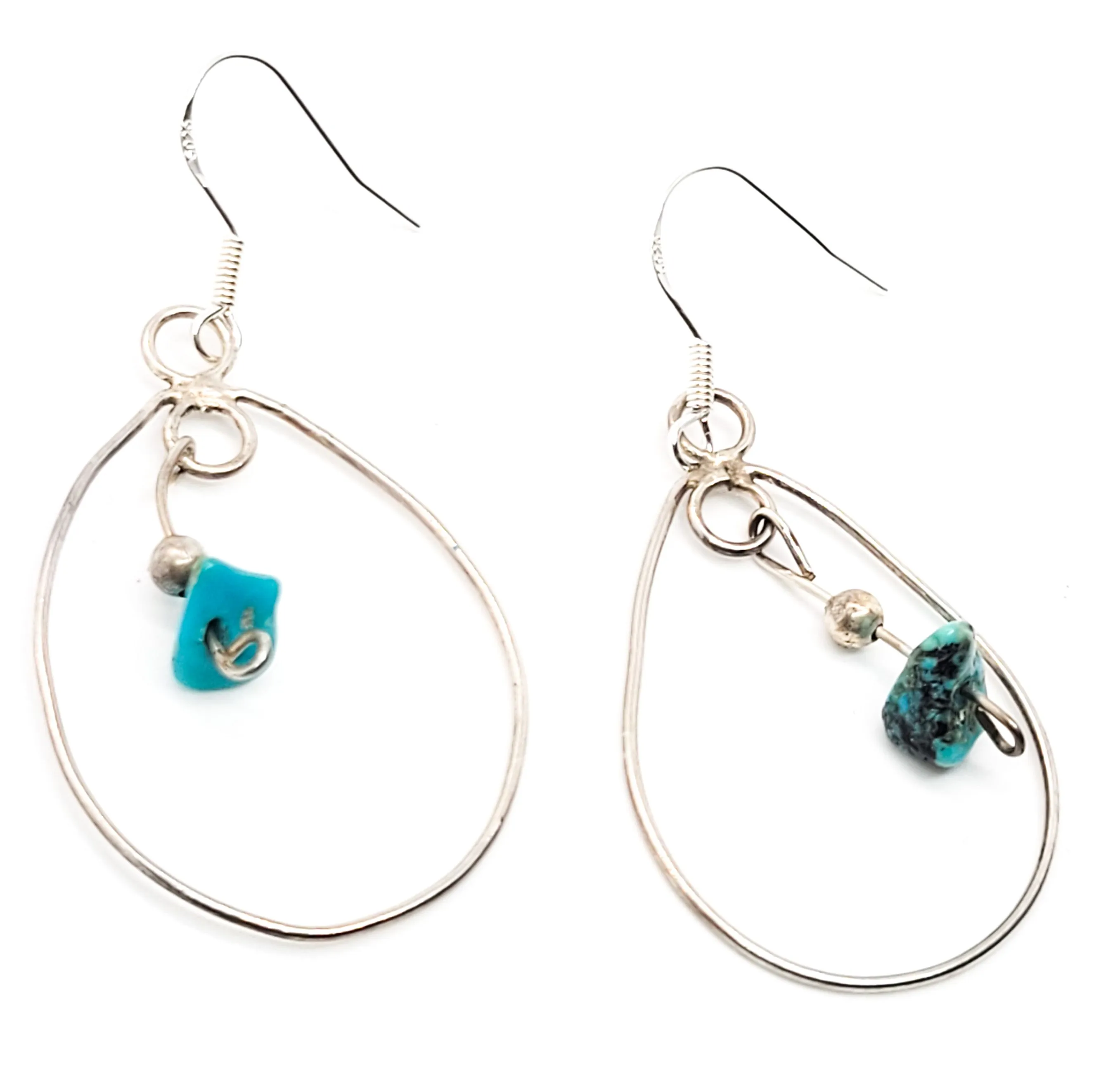 Rough turquoise gemstone sterling silver vintage oblong hoop drop earrings 925