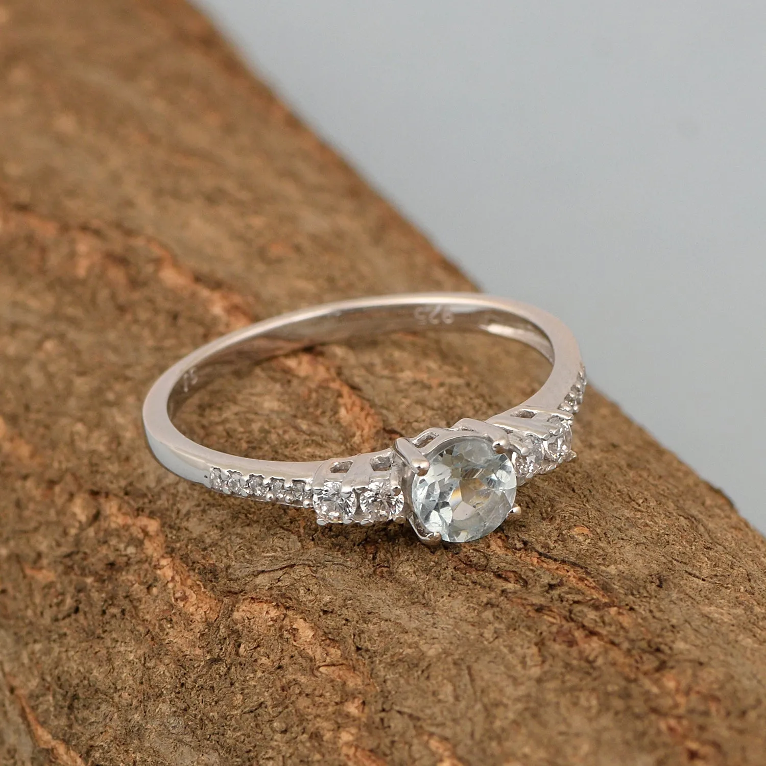 Round 5 MM Blue Topaz Gemstone 925 Sterling Silver Women Engagement Ring
