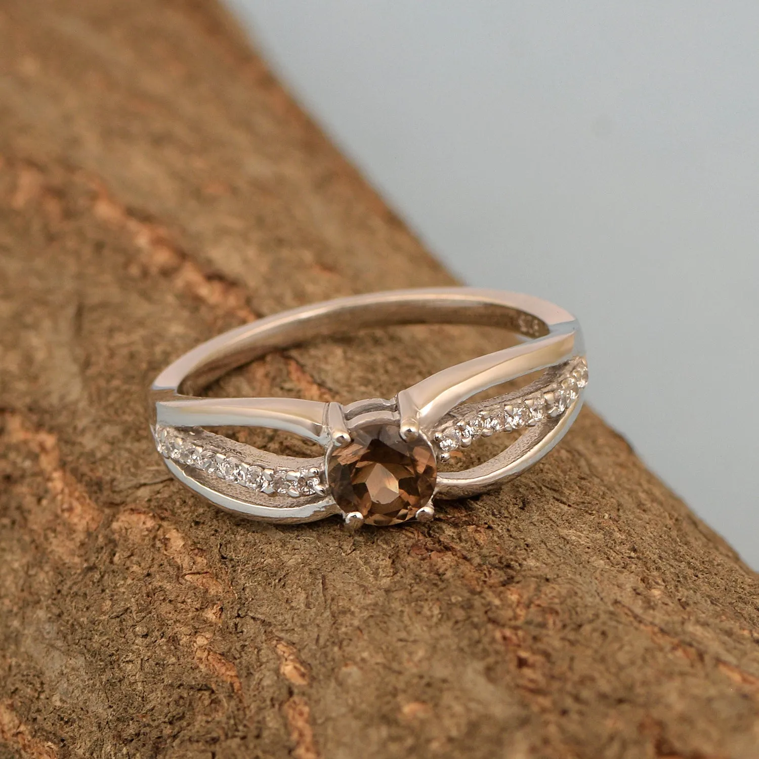 Round 5 MM Smoky Quartz Gemstone 925 Sterling Silver Cluster Ring