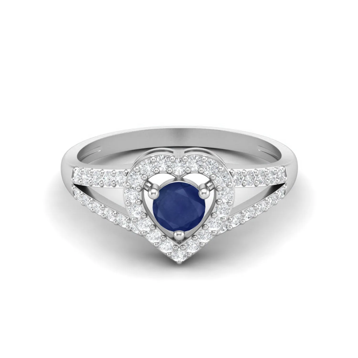 Round Blue Sapphire Heart Shape 925 Sterling Silver Solitaire Wedding Rings, Love Gift Ring