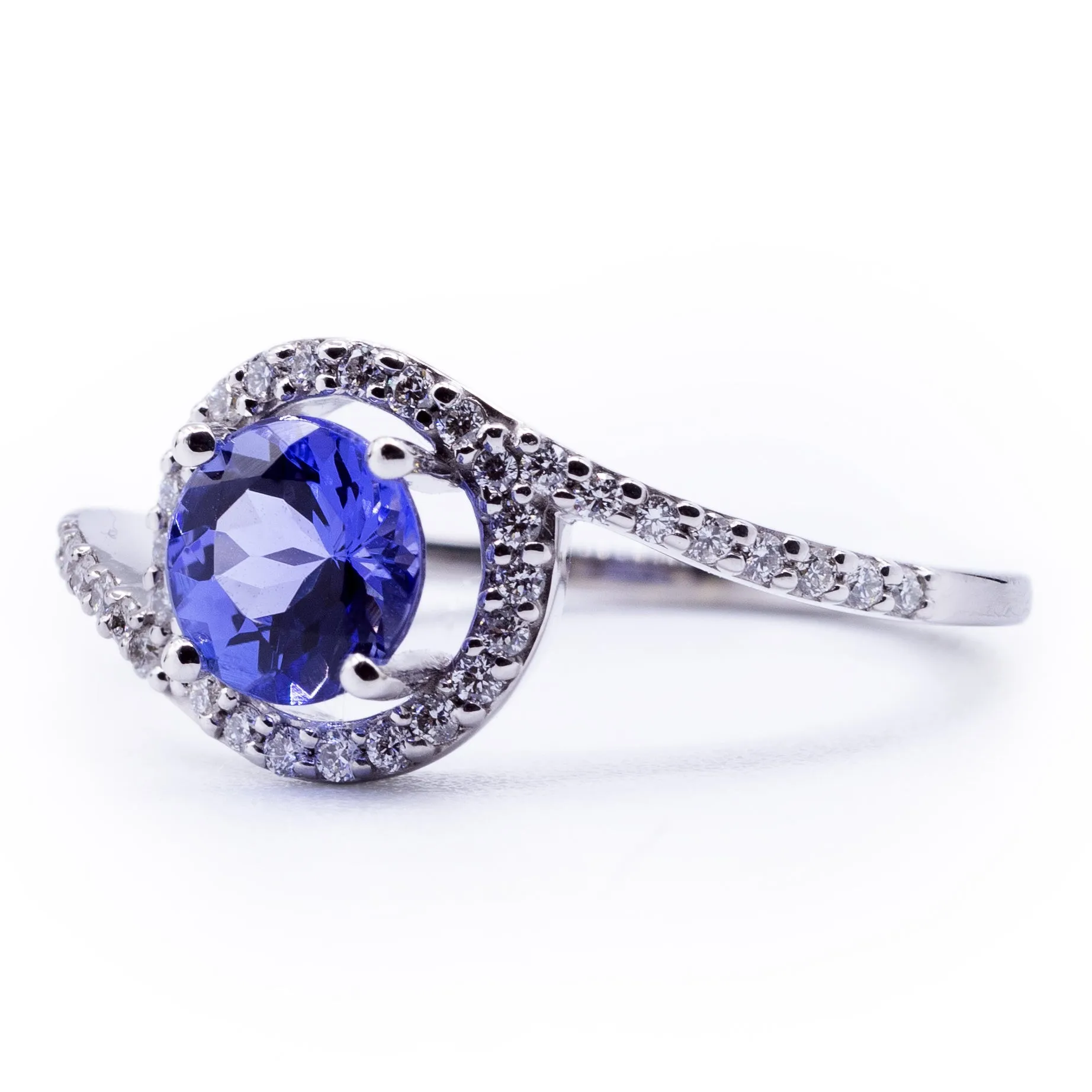 Round Natural Tanzanite with Diamond Accented Bypass Halo Ring