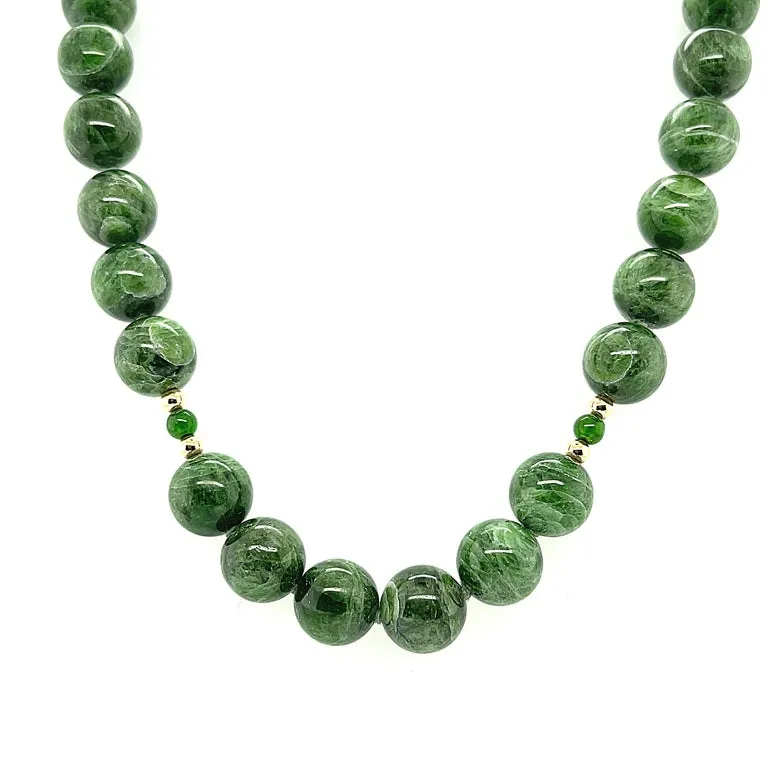 Round Variegated Chrome Diopside Beaded Necklace with Yellow Gold Accents