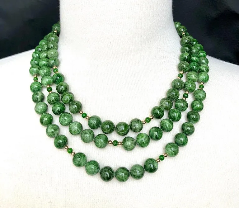 Round Variegated Chrome Diopside Beaded Necklace with Yellow Gold Accents