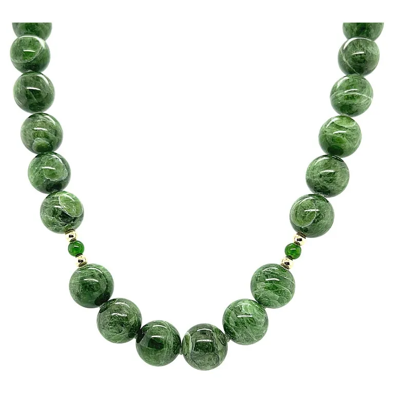 Round Variegated Chrome Diopside Beaded Necklace with Yellow Gold Accents