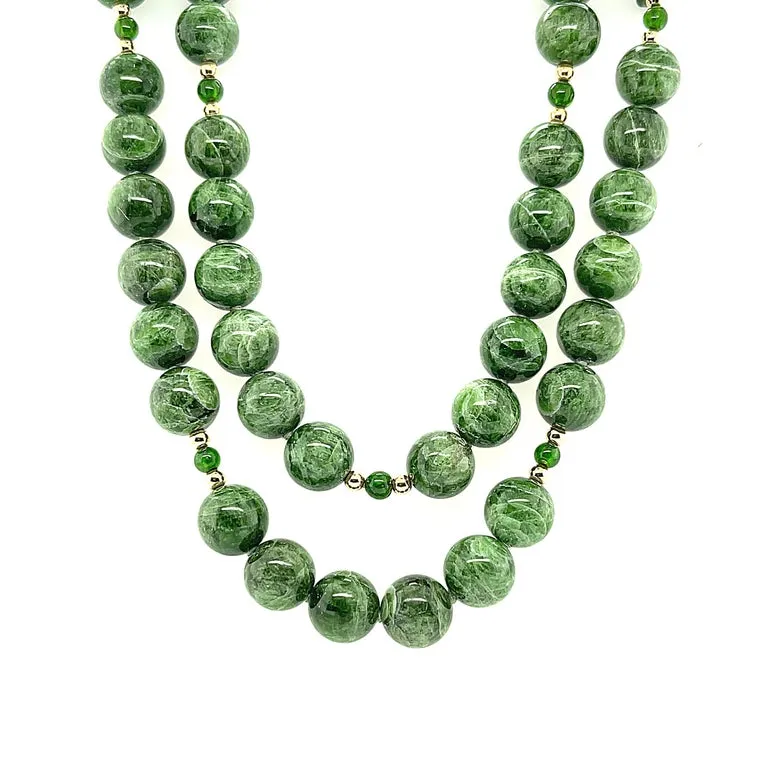 Round Variegated Chrome Diopside Beaded Necklace with Yellow Gold Accents