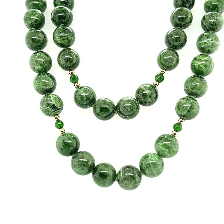 Round Variegated Chrome Diopside Beaded Necklace with Yellow Gold Accents