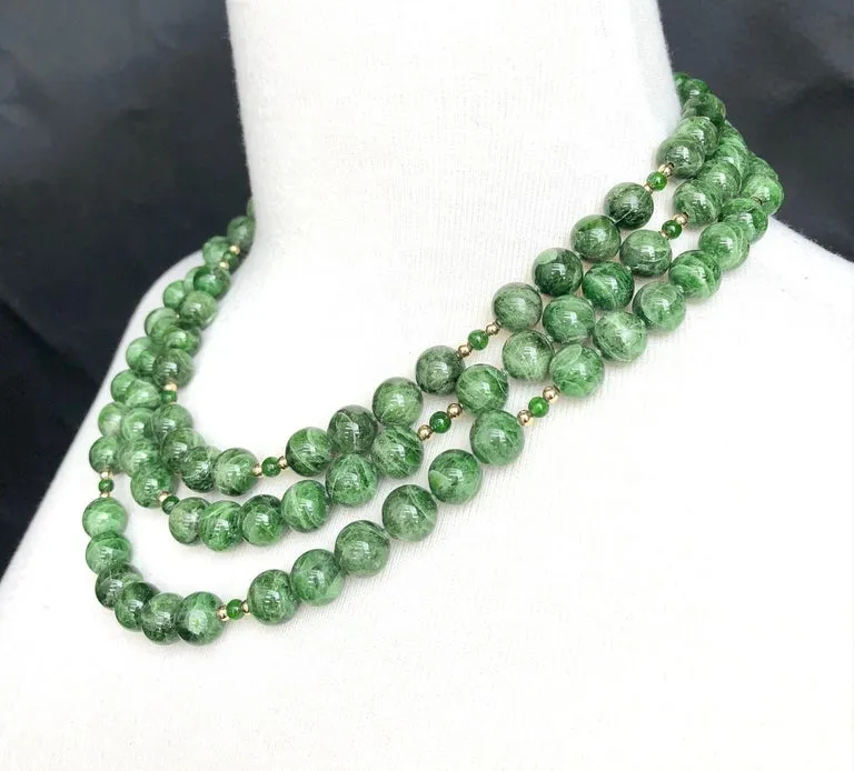 Round Variegated Chrome Diopside Beaded Necklace with Yellow Gold Accents