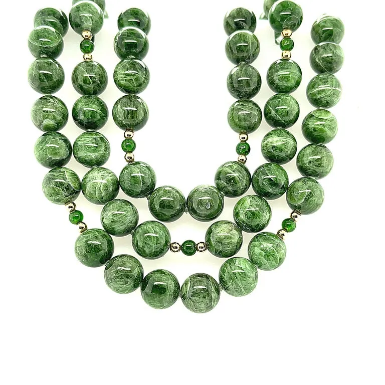Round Variegated Chrome Diopside Beaded Necklace with Yellow Gold Accents