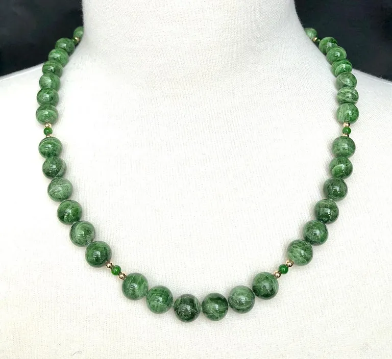 Round Variegated Chrome Diopside Beaded Necklace with Yellow Gold Accents