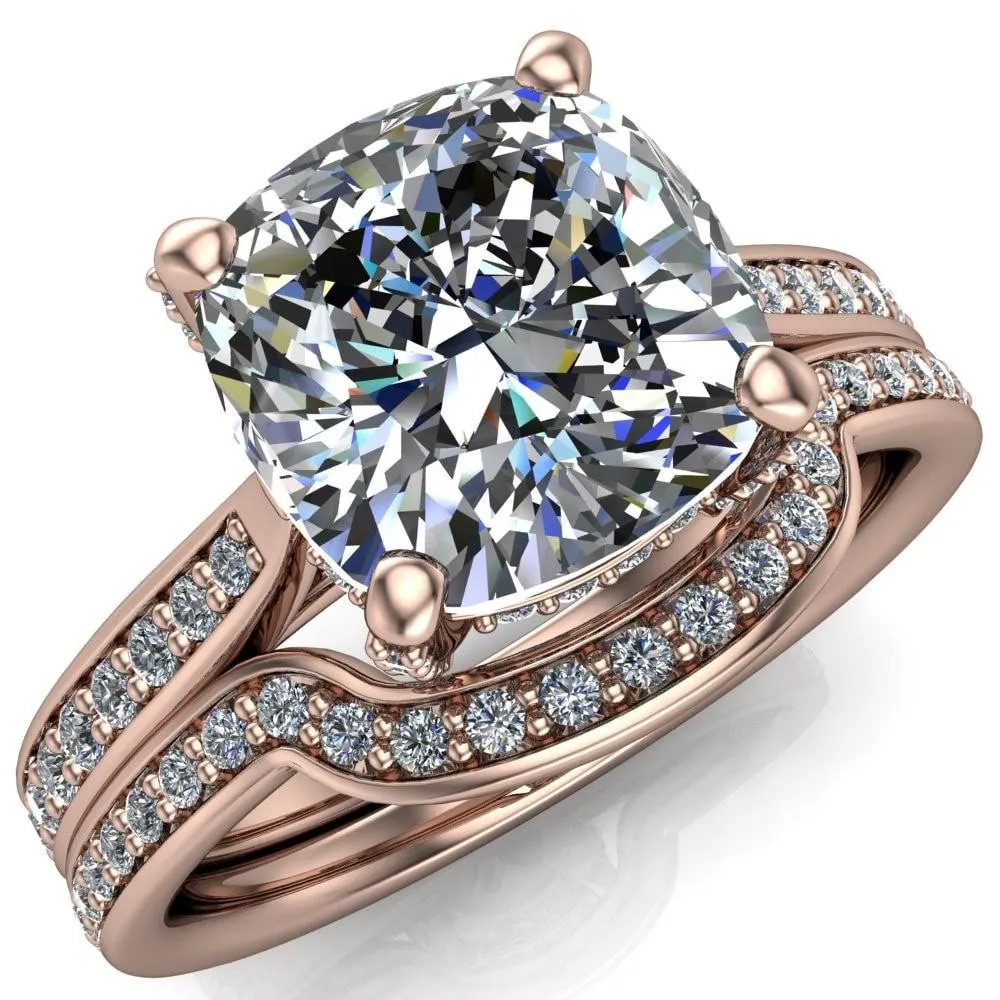Royce Cushion Center Stone 4 Prong Under Bezel Diamond Channel Engagement Ring