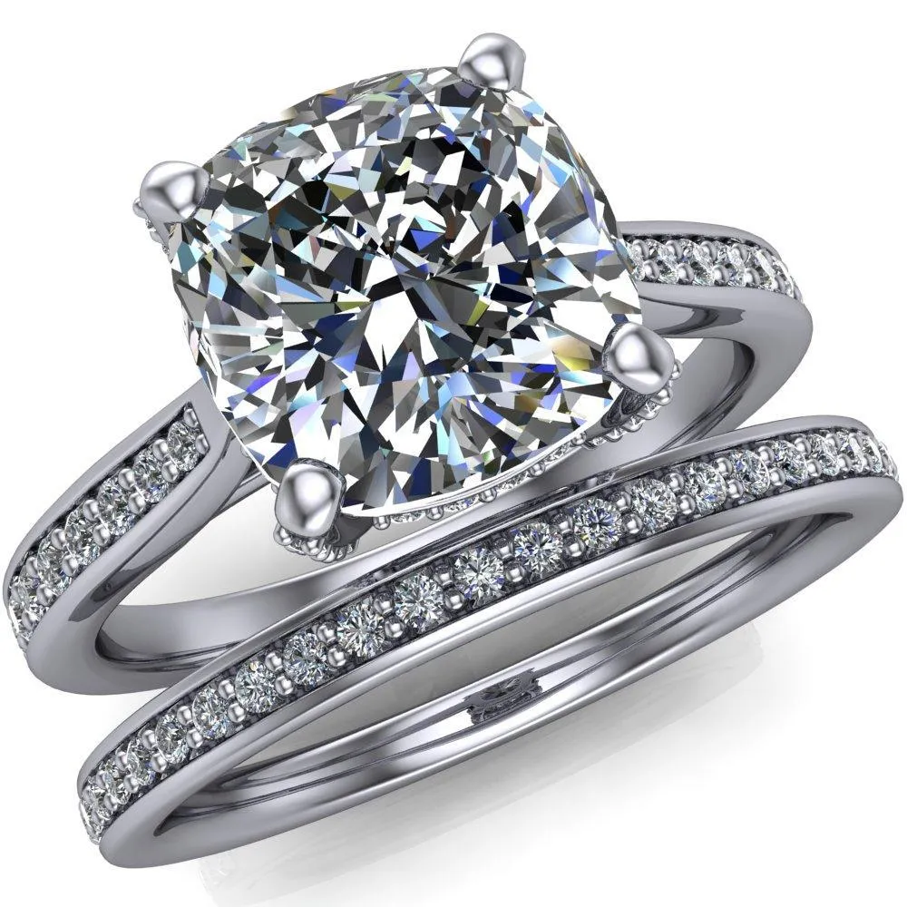Royce Cushion Center Stone 4 Prong Under Bezel Diamond Channel Engagement Ring