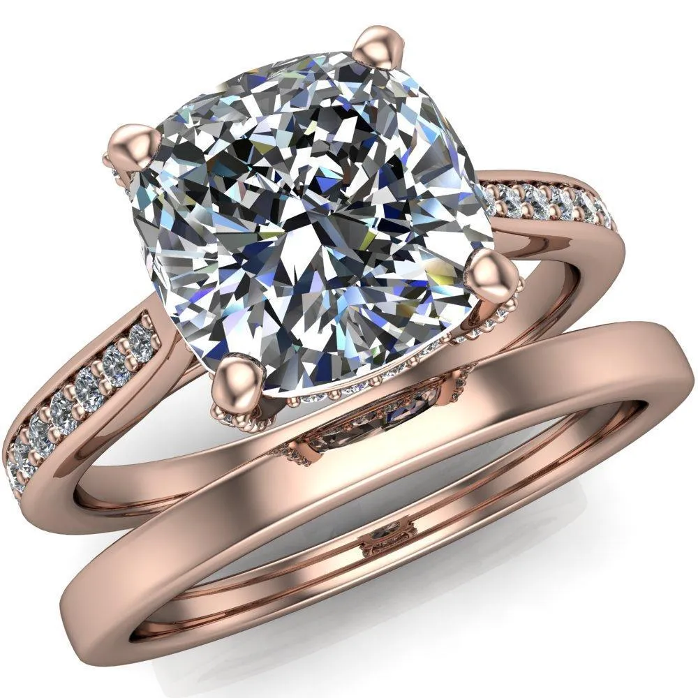 Royce Cushion Center Stone 4 Prong Under Bezel Diamond Channel Engagement Ring