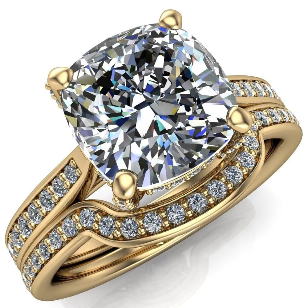 Royce Cushion Center Stone 4 Prong Under Bezel Diamond Channel Engagement Ring